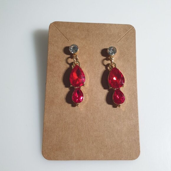 Gold Tone Drop Earrings Red Crystal Teardrop Dangling Design Elegant Jewelry - Picture 2 of 5